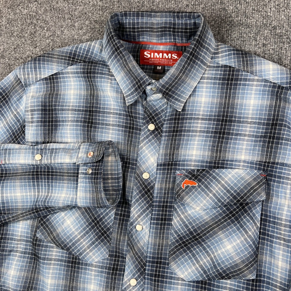 Simms Fishing Shirt Mens M Blue White Plaid Pearl Snap Western Long Sleeve